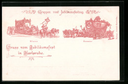 Lithographie Karlsruhe, Jubiläumsfest, Wagen Sommer Und Winter Im Jubiläumsfestzug  - Karlsruhe