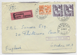 HELVETIA SUISSE 70C PAIRE +5C LETTRE COVER EXPRES VESENAZ 21.VIII.1955 GENEVE POUR LONDRES ENGLAND - Covers & Documents