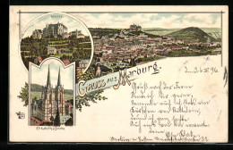 Lithographie Marburg, Schloss, Elisabeth-Kirche, Gesamtansicht  - Marburg