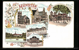 Lithographie Münster, Liebfrauenkirche, Rathaus, Bahnhof  - Muenster