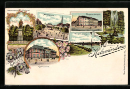 Lithographie Holzminden, Fontaine, Weserbrücke, Marktplatz, Gymnasium  - Holzminden