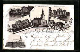 Lithographie Wolfenbüttel, Ortsansicht Mit Kaffeehaus, Garnison-Kirche, Lessinghaus & Bibliothek  - Wolfenbuettel