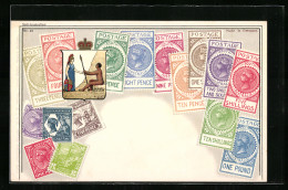 AK Australien, Briefmarken Aus Südaustralien  - Francobolli (rappresentazioni)