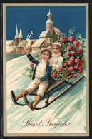 AK Kinder Rodeln Mit Blumen Auf Dem Schlitten  - Wintersport