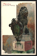 Künstler-AK Heinrich Kley: München, Löwen-Statue Vor Der Alten Residenz  - Kley