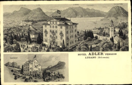 Lithographie Lugano Kanton Tessin Schweiz, Hotel Pension Adler - Autres & Non Classés