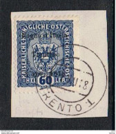 TRENTINO:  1918  SOPRASTAMPATO  -  60 H. COBALTO  SCURO  SU  FRAMMENTO  -  A.DIENA - G.BOLAFFI  -  SASS. 12  -  SPL - Trente