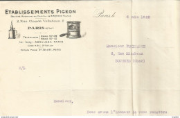 GK / BOURGES établissement PIGEON 1922 LAMPE Berger Lettre FACTURE Ancienne Old Advertising Invoice - 1900 – 1949