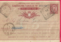 INTERO CARTOLINA-VAGLIA UMBERTO C.10 DA LIRE 3 (CAT. INT. 4Ba) - ANNULLO TONDO RIQUADRATO"NICASTRO*26.1.94*/(CATANZARO) - Marcofilía