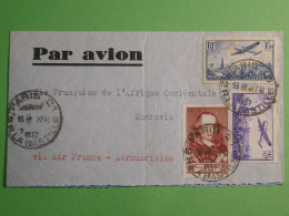 DN9 FRANCE LETTRE  RARE 1937  PARIS  A MONROVIA LIBERIA +AIR FRANCE +AEROPHILATELIE + AFF.  INTERESSANT+++ - 1927-1959 Lettres & Documents