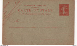 France - Entier Postal Type Semeuse Fond Plein 10 C Rouge - Standard Postcards & Stamped On Demand (before 1995)