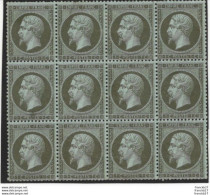 France - YT 19 - Napoléon III Empire Franc 1c Vert Olive - Bloc De 12 Timbres Non Oblitérés - 1862 Napoleon III