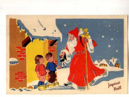 Joyeux Noel, Pere Noel Apportant Un Pantin A 2 Enfants Sur Le Pas De La Porte, Illustrateur, Neige - Santa Claus