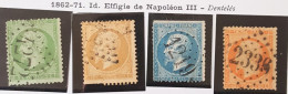 4 Timbres,effigie Napoleon III, Empire Français, Dentelés, 5C, 10C, 20C, 40C. N° 20 21 22 23, Centimes - 1862 Napoleon III