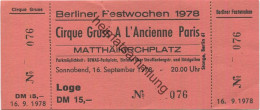 Deutschland - Berlin - Berliner Festwochen 1978 - Matthäikirchplatz - Cirque Gruss A L'Ancienne Paris - Eintrittskarte - Eintrittskarten