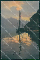 Trento Riva Del Garda Lago Con Barca Tramonto Cartolina RT0412 - Trento