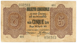 5 LIRE BIGLIETTO CONSORZIALE REGNO D'ITALIA 30/04/1874 BB/SPL - Biglietto Consorziale