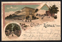 Lithographie Kreuz A. Ostbahn, Bahnhof Von Der Gleisseite, Post, Bahnhofstrasse  - Pommern