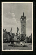 AK Straubing, Theresienplatz Mit Brunnen Und Uhrturm  - Straubing