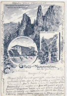 39011204 - Lithographie Gruss Vom Hexentanzplatz Mit Hotel, Bodekessel Und Teufelsbruecke Gelaufen Von 1897. Leichte Ec - Thale