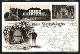 Vorläufer-Lithographie Halberstadt, 1894, Restauration Spiegelsberge, Aussichts-Thurm, Mausoleum, Weinfass  - Halberstadt