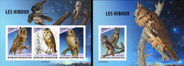 Centrafrica 2023, Animals, Owls, 3val In BF+BF IMPERFORATED - Eulenvögel