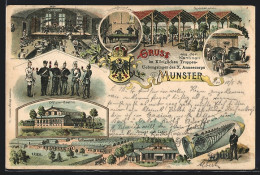 Lithographie Munster, Übungslager Des X. Armeekorps, Officier-Casino, Kantine, Speisehallen, Ansicht Vom Lager  - Munster