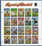 USA 2000 Baseball Players, Foil Sheet 20 Values MNH Robinson, Collins, Mathewson, Cobb, Sister, Hornsby, Cochrane, Ruth, - Béisbol