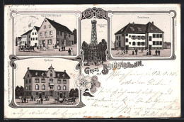 Lithographie Büchenbronn / Pforzheim, Hotel Haus Chr. Britsch, Schulhaus, Aussichtsturm  - Pforzheim