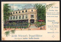 Lithographie Fürth I. B., Restaurant Pavillon Bleu, Reklame Für Aecht Scheuer`s Doppel-Ritter Kaffee-Zusatz  - Fuerth