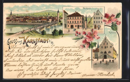 Lithographie Karlstadt A. M., Teilansicht Mit Brücke, Rathaus, Maingasse  - Karlstadt