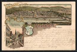 Lithographie Karlstadt Am Main, Teilansicht, Maintorstrasse Und Ruine Karlsburg  - Karlstadt