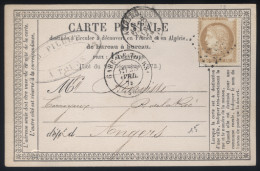 15c Bistre Gros Chiffres Sur CP Précurseur Oblitérée Gare De Tours Pour Angers - 04/1875 - 1871-1875 Ceres