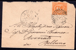 1883 25 AGO  C.20 SASS.39 "EFFIGIE DI UMBERTO I"USATO SU BUSTA DA CONEGLIANO X BELLUNO  MOLTO BELLA - Storia Postale