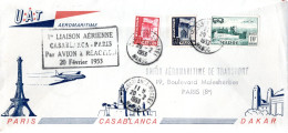 MAROC /  ENVELOPPE PREMIERE LIAISON AERIENNE CASABLANCA- PARIS LE 20 FEVRIER 1953 PAR AVION A REACTION - Gedenkstempels