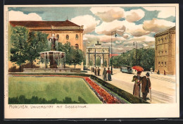 Künstler-Lithographie Paul Hey: München, Universität Mit Siegesthor Und Strassenbahn  - Hey, Paul