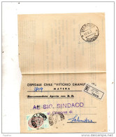 1957  LETTERA RACCOMANDATA   CON ANNULLO  MATERA + SALANDRA - 1961-70: Poststempel