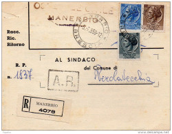 1958 CARTOLINA    RACCOMANDATA  CON ANNULLO MANERBIO BRESCIA - 1946-60: Marcophilie