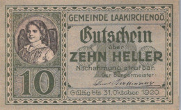 10 HELLER 1920 Stadt LAAKIRCHEN Oberösterreich Österreich Notgeld Papiergeld Banknote #PG929 - [11] Emisiones Locales