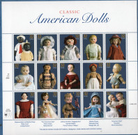 USA 1997 American Dolls Sheet MNH Alabama Baby, Columbian, Raggady Ann, Izannah, Betsy McCall, Skippy, Schoenhut - Poupées