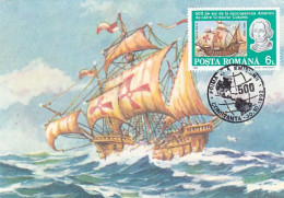 FAMOUS PEOPLE, CRISTOPHER COLUMBUS, DISCOVERY OF AMERICA, SHIP, CM, MAXICARD, CARTES MAXIMUM, OBLIT FDC, 1992, ROMANIA - Christoffel Columbus