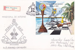 GAMES, CHESS, BAILE HERCULANE CHESS TOURNAMENT FINALS, MANILA OLYMPIAD STAMP SHEET, REG SPECIAL COVER, 1992, ROMANIA - Chess