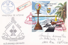 GAMES, CHESS, BAILE HERCULANE CHESS TOURNAMENT FINALS, MANILA OLYMPIAD STAMP SHEET, REG SPECIAL COVER, 1992, ROMANIA - Schach