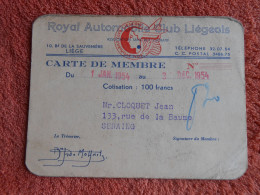 Carte De Membre Royal Automobile Club Liégeois 1954 Liège - Liege