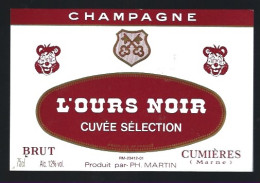 Etiquette Champagne  Brut   L'ours Noir Cuvée Sélection  P H Martin Cumieres  Marne 51 - Champagner