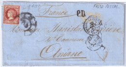 ESPAGNE / ESPAÑA - 1860 Ed.53F 12cu Rojo FALSO POSTAL Sobre Carta (1862) De Barcelona A Francia (c.255€) - Cartas & Documentos