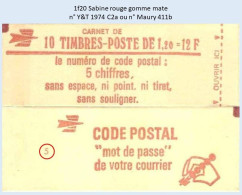 FRANCE - Carnet Conf. 5 - 1f20 Sabine Rouge - YT 1974 C2a / Maury 411b - Modern : 1959-...