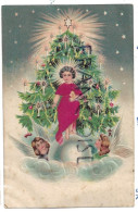 CPA. 2 Anges Et Sapin De Noël, Enfant Jésus Sur Un Globe Terrestre - Anges
