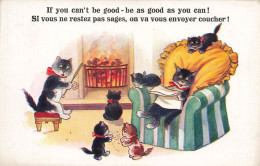 Chats Noirs Humanisés * CPA Illustrateur * Famille De Vant La Cheminée , La Lecture * Chat Noir Black Cat Katze - Cats