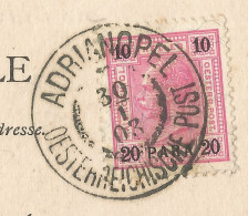 AUSTRIA - OST. POST IN DER LEVANTE - Mi #33 ALONE FRANKING PC (DERVICHES TOURNEURS) FROM ADRINOPLE TO FRANCE - 1903 - Oostenrijkse Levant